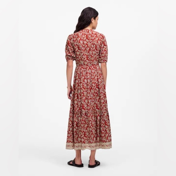 Madewell Pintucked Puff-Sleeve Midi Dress in Red Floral Fall Dress Size 00 NWT - Picture 5 of 15